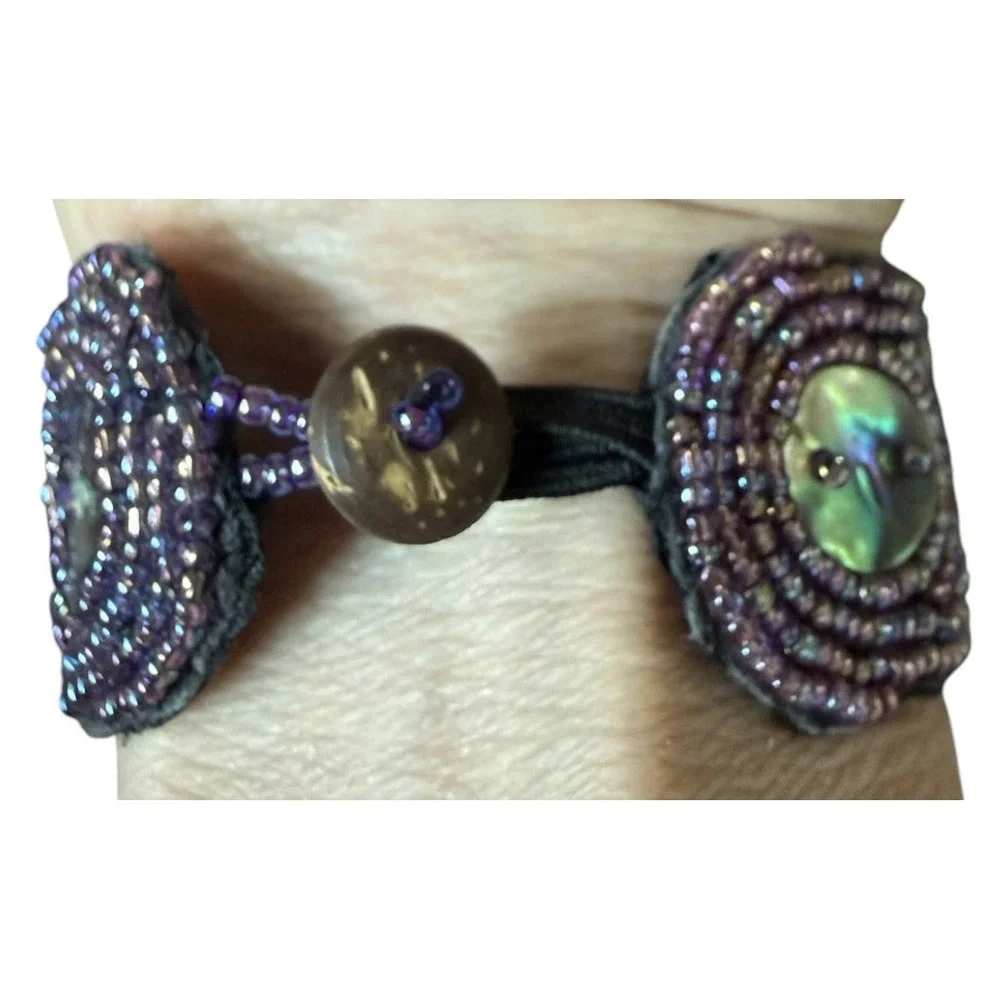 Artisan Bead Embroidered Cuff Bracelet Purple Iridescent Abalone Shell